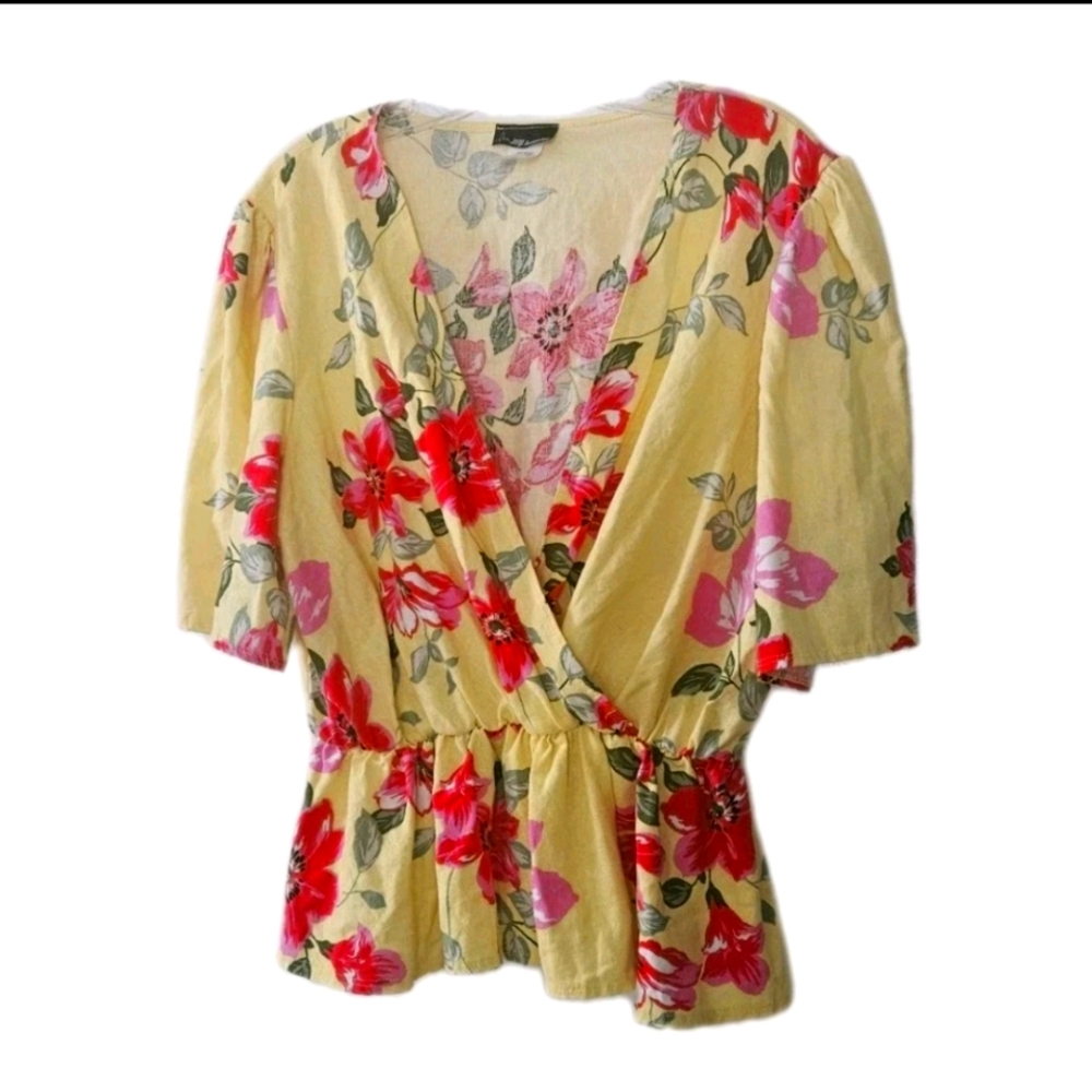 NY Invasion Yellow Floral Wrap Peplum Blouse Top Linen Rayon V-Neck XL